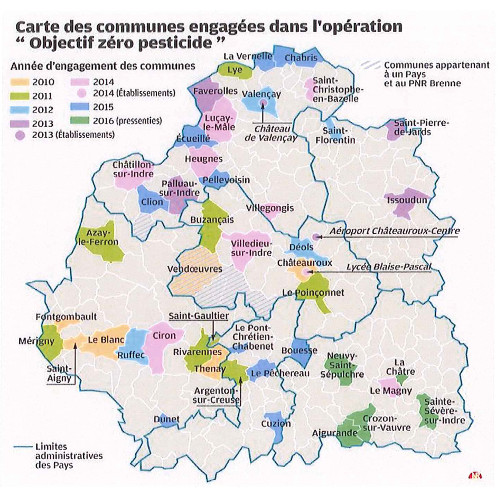 carte des communes du département de l'Indre  engagées dans l'opération objectif  zéro pesticide